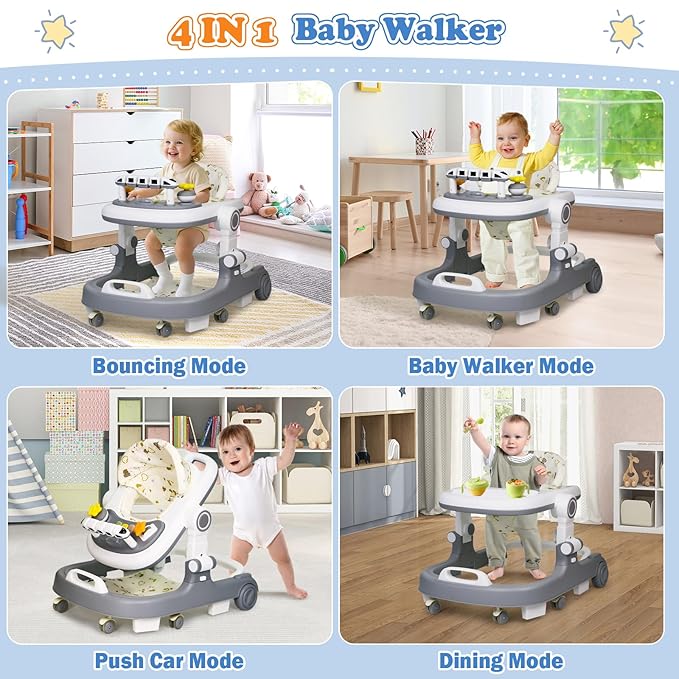 Baby Walker with Wheels, 4 in 1 Foldable Baby Walkers for Boys Girls 6-18 Months, 3 Level Height Adjustment with Bouncing, Feeding Tray & Music, Baby Walker with Activity Center, Toddler Push Walker