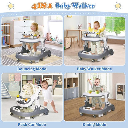 Baby Walker with Wheels, 4 in 1 Foldable Baby Walkers for Boys Girls 6-18 Months, 3 Level Height Adjustment with Bouncing, Feeding Tray & Music, Baby Walker with Activity Center, Toddler Push Walker