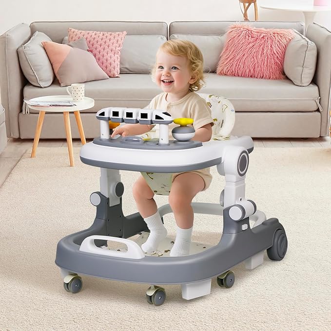 Baby Walker with Wheels, 4 in 1 Foldable Baby Walkers for Boys Girls 6-18 Months, 3 Level Height Adjustment with Bouncing, Feeding Tray & Music, Baby Walker with Activity Center, Toddler Push Walker