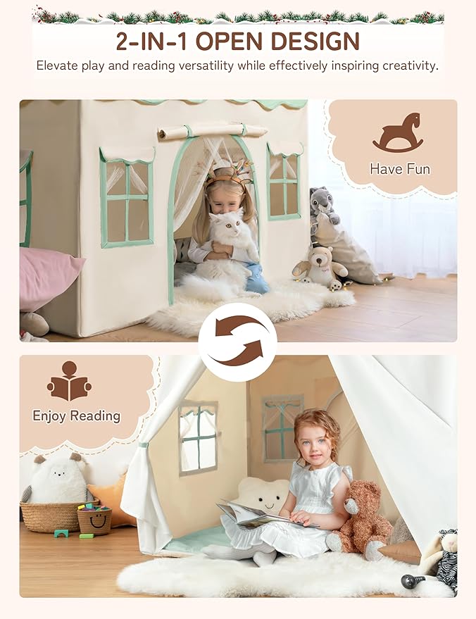 besrey Kids Tent, Kids Play Tent 2 in 1 with Padded Mat and Lights, Large Playhouse with 2 Doors & 4 Windows, Indoor & Outdoor, Christmas Toddler Playhouse, 51" x35" x 51" (Green)