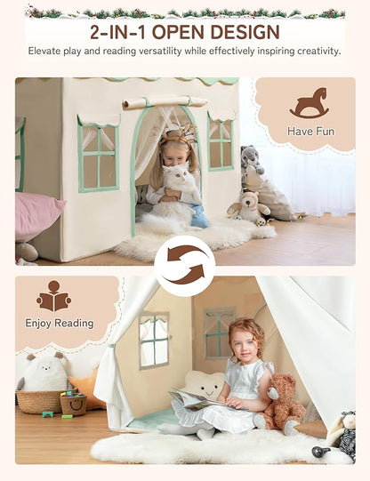 besrey Kids Tent, Kids Play Tent 2 in 1 with Padded Mat and Lights, Large Playhouse with 2 Doors & 4 Windows, Indoor & Outdoor, Christmas Toddler Playhouse, 51" x35" x 51" (Green)