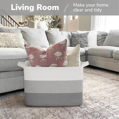 Goodpick Large Woven Basket, Rectangle Rope Storage Baskets for Organizing, Blanket Basket with Handles for Living Room, Nursery, Gradient Gray, 18 x 14 x 12 Inches