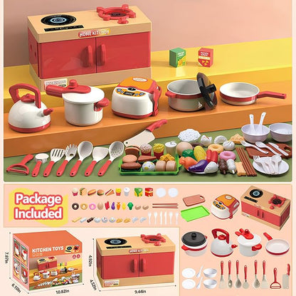 Home Kitchen Kids Toy Kitchen Set, 71 PCS Pretend Play Cooking Set with Interactive Cooktop, Realistic Accessories: Pressure Cooker, Kettle, Frying Pan, Play Food - Educational Toy for Boys & Girls 3+