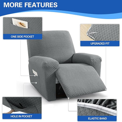 MAXIJIN Recliner Cover Slipcovers for Living Room 4 Pieces Stretch Jacquard Recliner Chair Cover Soft Fitted Recliner Protector with Elastic Bottom for Kids, Pets (Recliner, Light Gray)