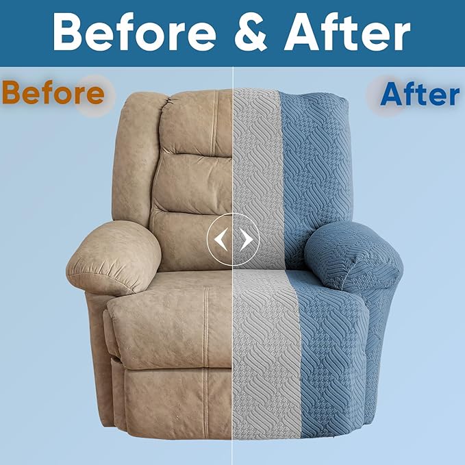 Lavish Cover Jacquard Recliner Chair Cover, Stretch Recliner Slipcover, Lazy Boy Recliner Sofa Protector, Furniture Cover for Pets and Scratches(Recliner,Blue+LightGrey)