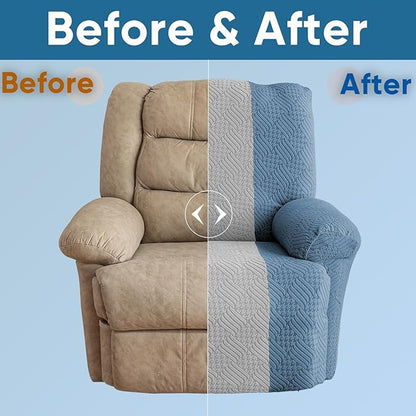 Lavish Cover Jacquard Recliner Chair Cover, Stretch Recliner Slipcover, Lazy Boy Recliner Sofa Protector, Furniture Cover for Pets and Scratches(Recliner,Blue+LightGrey)