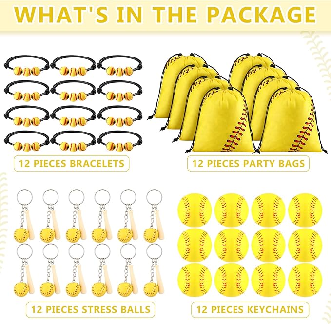 Nuogo 48 Pcs Softball Party Favors Softball Gifts for Girls Include 12 Pcs Softball Goodie Bags 12 Pcs Softball Keychain 12 Pcs Softball Bracelets and 12 Pcs Softball Stress Balls for Sport Party