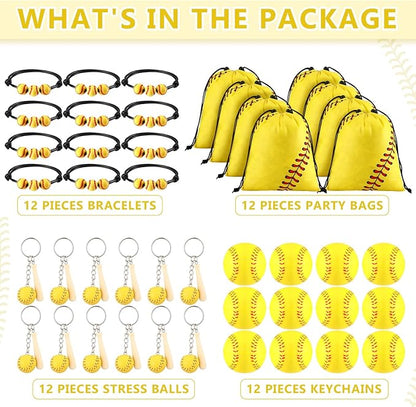 Nuogo 48 Pcs Softball Party Favors Softball Gifts for Girls Include 12 Pcs Softball Goodie Bags 12 Pcs Softball Keychain 12 Pcs Softball Bracelets and 12 Pcs Softball Stress Balls for Sport Party