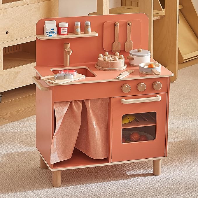 Giant bean Wooden Play Kitchen, Nordic Play Kitchen for Toddlers 1-3, with Cookware Accessories, Pretend Cooking Food Set for Toddlers Boys & Girls