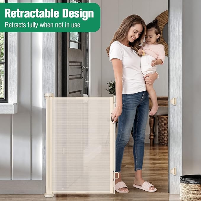 110 Inch Extra Wide Retractable Baby Gate for Large Openings Pet Gates for Dogs Indoor Retractable Baby Gates Outdoor Dog Gates for The House Extra Wide Baby Gate Large Dog Gate for Doorways, Beige