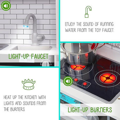 Lil' Jumbl Jumbl Kids Kitchen Set, Pretend Wooden Play Kitchen, Includes Range Hood, Microwave, Stove Top, Oven That Make Realistic Sound & Light, Pots, Pan, Cutting Board & Utensils Included,