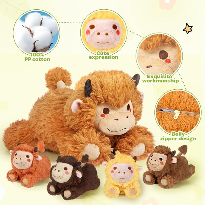 KMUYSL Highland Cow Stuffed Animal for Girls Ages 0 1 2 3 4 5 6 7 8+ Years Old, Mommy Cow Animals Plush Toys with 4 Baby Calves, Soft Animal Stuffed Toys Set, Christmas Birthday Gifts for Kids Girls