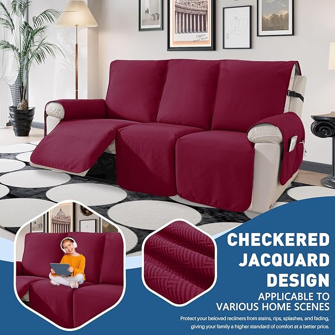 Easehomey Waterproof Recliner Sofa Cover Non-Slip couch cover recliner sofa 3 section with Elastic Straps Two Pockets, Washable Couch Covers Furniture Protector for Kids,Dogs (Wine Red, Recliner Sofa)