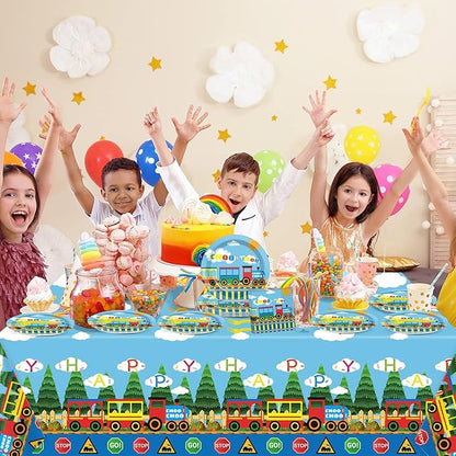 gisgfim Train Birthday Party Supplies Train Theme Party Tableware Includes Train Party Plates Napkins Fork and Train Theme Tablecloth for Birthday Parties Decorations Set Serve 20