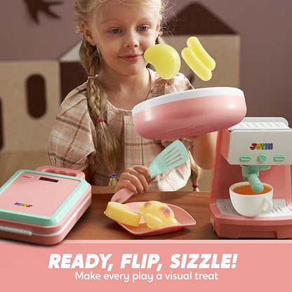 Play Kitchen Toys with Realistic Lights& Sounds, Pretend Play Toy Set for Girls Boy, Color Changing Breakfast Playset, Christmas Birthday Gift for Kids, Pink