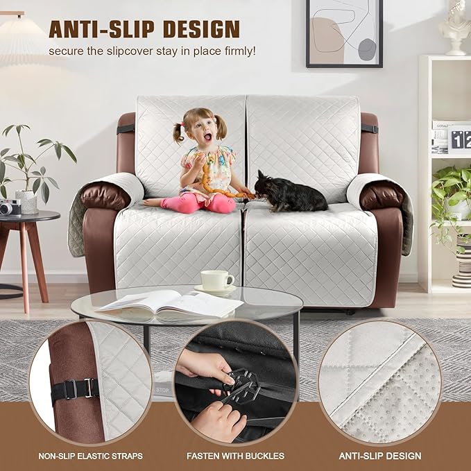 KinCam Waterproof Loveseat Recliner Cover, Non-Slip Reclining Couch Covers for 2 Seat, Recliner Sofa Cover Furniture Protector with Elastic Straps for Kids, Pets, Beige