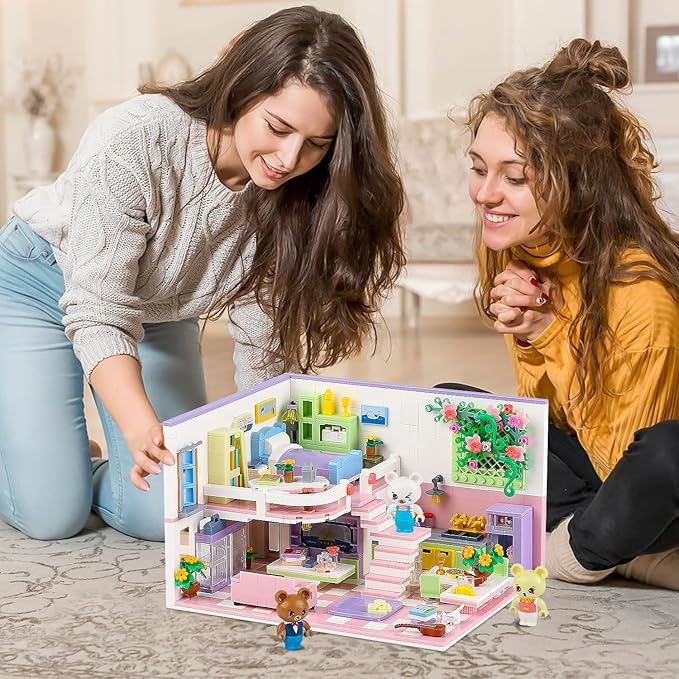 Mini Friends Duplex Apartment Building Sets for Adults, Bears Pink Dream House Kitchen Home Cottage Girly Collectible Display Modular Bricks Kits for Teens 14 14+ (1110 PCS)