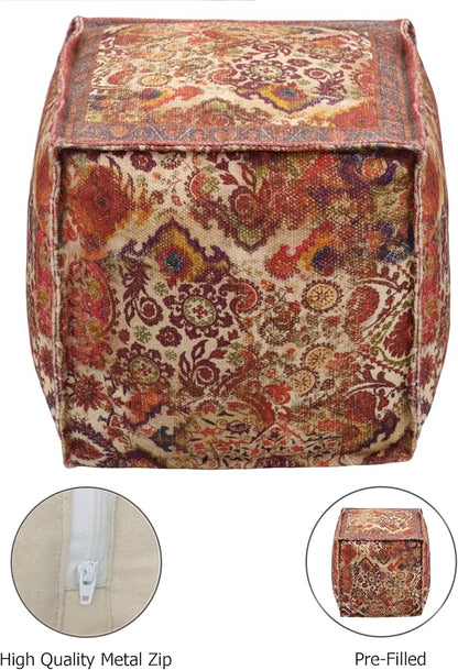COTTON CRAFT Printed Pouf - Ottoman Foot Stool Bean Bag - Dorm Kids Room Bedroom Home Décor Accent Seating - Boho Modern Comfortable Prefilled Cotton Square Pouf Footrest - 17x17x17 inch - Coral Multi