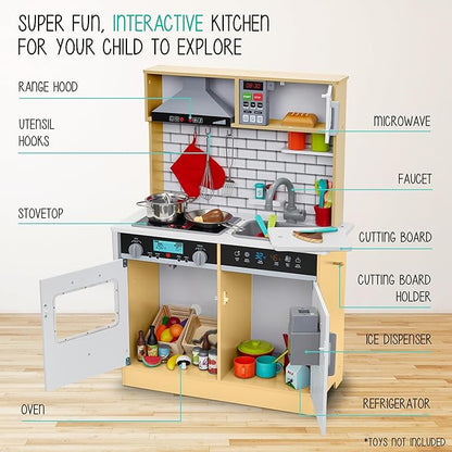 Lil' Jumbl Kids Natural Small Kitchen Set, Pretend Wooden Play Kitchen, Includes Range Hood, Microwave, Stove Top, Oven That Make Realistic Sound & Light, Pots, Pan, Cutting Board & Utensils Included,