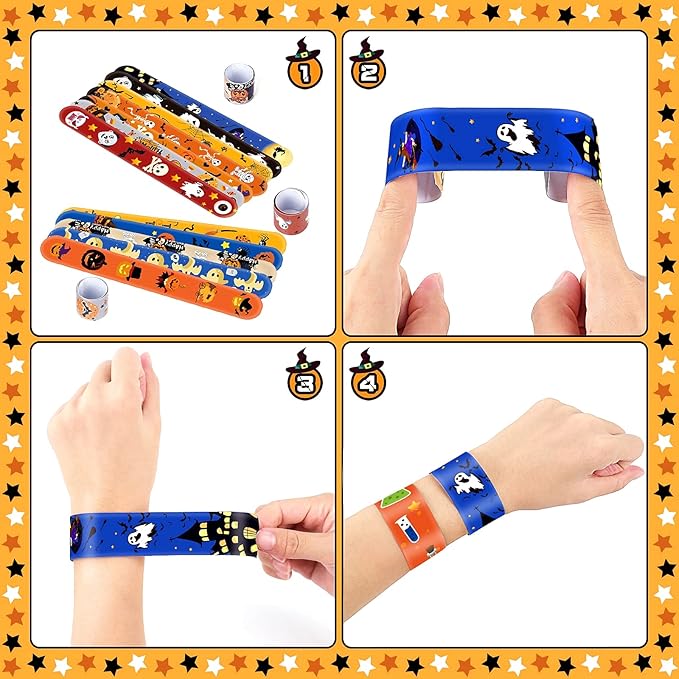 Halloween Slap Bracelets for Kids, 100 Halloween Bracelet Toys Bulk For Kids Girls Boys, Trick or Treat Party Favors, Classroom Prizes, Exchanging Gifts, Halloween Party Gift Treat Bag Filler Supply