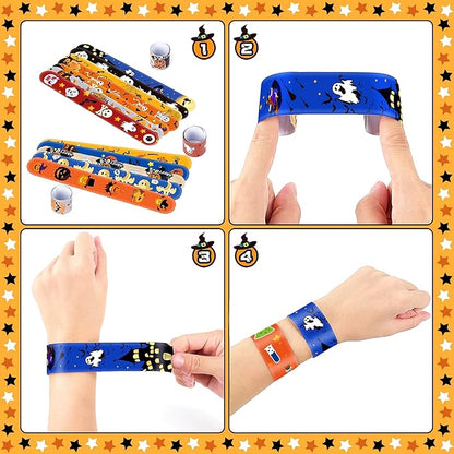 Halloween Slap Bracelets for Kids, 100 Halloween Bracelet Toys Bulk For Kids Girls Boys, Trick or Treat Party Favors, Classroom Prizes, Exchanging Gifts, Halloween Party Gift Treat Bag Filler Supply