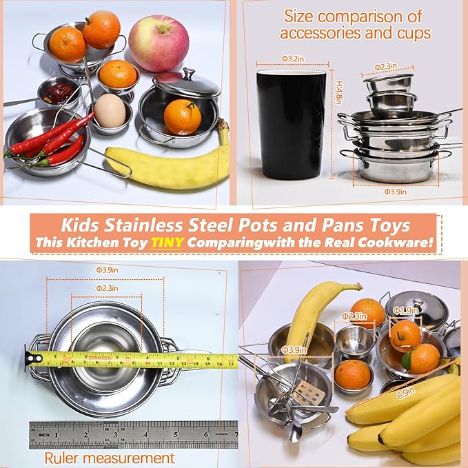 Tiny Classic Stainless Steel Kitchen Toys Cooking Utensils Set-Pretend Play Pots Pans Toy Cookware Kits for Kids Cooking Utensil Set Interactive Learning Role Play Educational Toys for Kids Mini Size