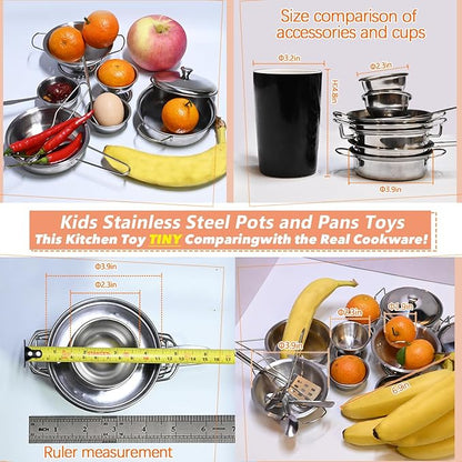 Tiny Classic Stainless Steel Kitchen Toys Cooking Utensils Set-Pretend Play Pots Pans Toy Cookware Kits for Kids Cooking Utensil Set Interactive Learning Role Play Educational Toys for Kids Mini Size