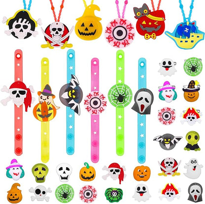 YUJUN 68PCS Halloween Light up Toys,Halloween Party Favors Flashing Ring Bracelets Necklace Glow in The Dark for Kids Halloween Treats Games Prizes Candy Goodie Bag Fillers