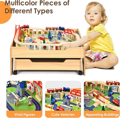 HONEY JOY Train Table, Wooden Kids Activity Table with Storage Drawer, 100 Multicolor Pieces, Tracks, Trains, Cars, Toddler Train Table Set, Gift for Boys Girls Age 3+, Natural