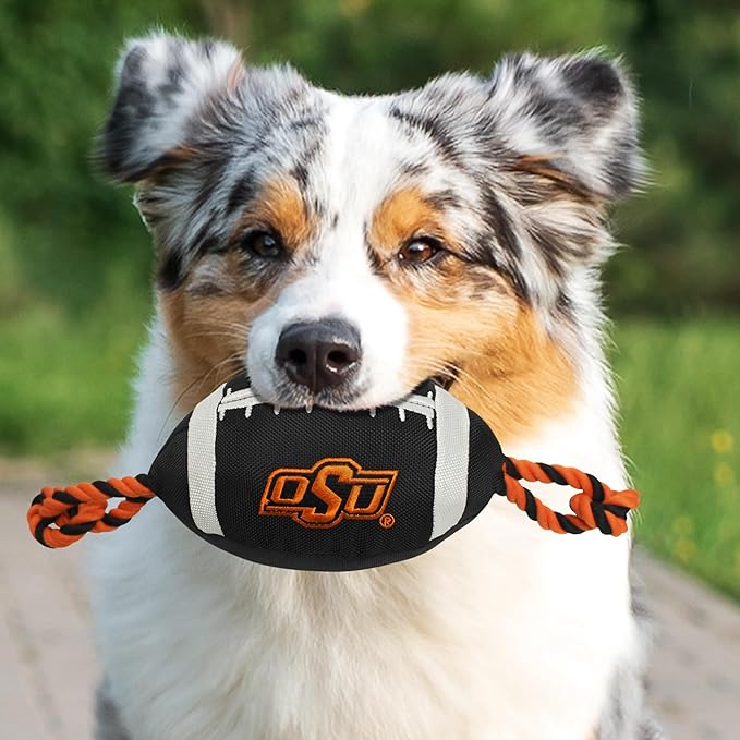 Pets First NCAA Oklahoma State Cowboys Football Dog Toy, Tough Quality Nylon Materials, Strong Pull Ropes, Inner Squeaker, Collegiate Team Color