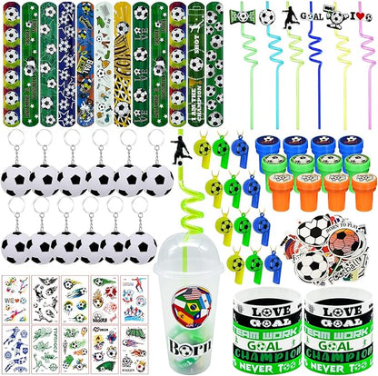Cinrobiye 146 Pcs Soccer Party Favors, Sports Party Supplies with Cup Straw Soccer Keychain Tattoo Sticker Slap Bracelet Whistle Treat Bag Gifts for Classroom Rewards Soccer Birthday Party (Soccer)