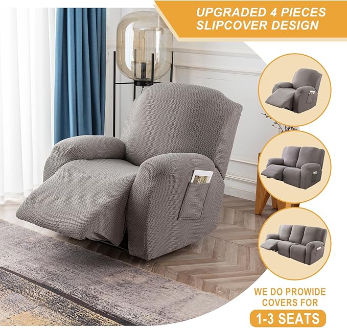 Genina Recliner Chair Covers, Stretch Reclining Chair Covers, Recliner Sofa Slipcovers Stripe Jacquard Lazy Couch Covers Furniture Protector Covers for Pet Kid (Light Grey, 1 Seat)