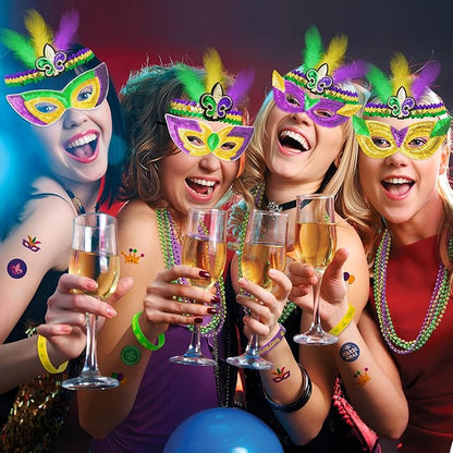 WATINC 186pcs Mardi Gras Party Favors Set, Mardi Gras Masks Headbands Coins Tattoo Stickers Silicone Bracelets Necklaces Beads Assorted for Masquerade Parade Carnival Costume Party Decorations