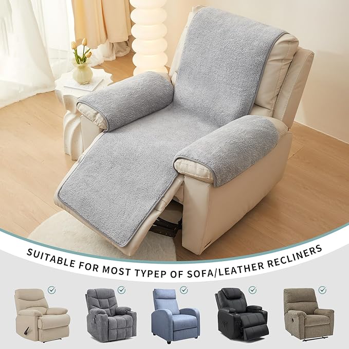 vctops Sherpa Fleece Recliner Chair Cover Super Soft Warm Plush Sofa Slipcover Furniture Protector Non Slip Washable Reclining Chair Cover for Kids, Pets (Light Grey,22"x82")