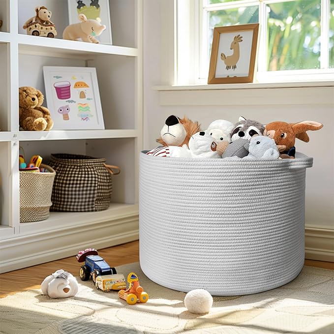 MEGASKET 115L White Cotton Rope Storage Basket, 23.6"x15.7" Extra Large Blanket Storage Living Room, XXXL Soft Toy Bin for Organizing, Woven Baby Laundry Basket with Handle, Wicker Hamper Nursery
