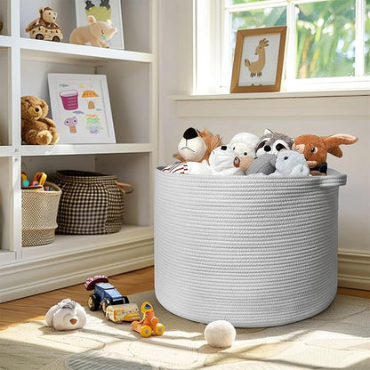 MEGASKET 115L White Cotton Rope Storage Basket, 23.6"x15.7" Extra Large Blanket Storage Living Room, XXXL Soft Toy Bin for Organizing, Woven Baby Laundry Basket with Handle, Wicker Hamper Nursery