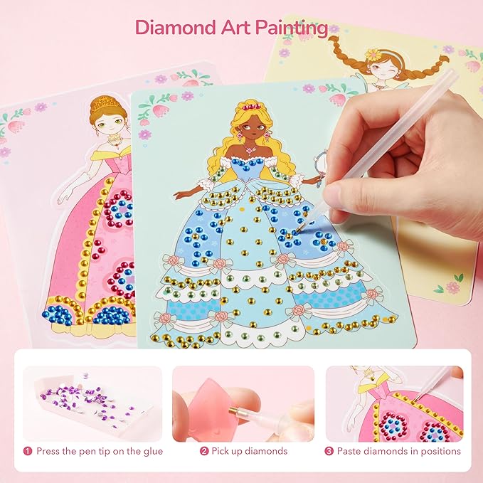 Mideer 4 in 1 Art Craft Kits for Kids, Princess Dress Up Game Set with Diamond Painting & Scratch Paper Art, Paper Fantasy Makeup Activity Art Craft Kits for Girls Age 3 4 5 6 7 8