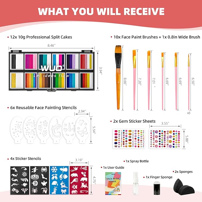 WUO Professional Face Painting Kit for Kids Adults, 12x10g Split Cake Palette with Stencils Sponge, Non-Toxic Water-Activated Rainbow Body Face Paint Makeup for Halloween Christmas & Costume Partie
