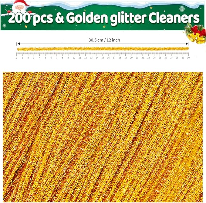 Iooleem 200pcs Golden Glitter Pipe Cleaners, Glitter Chenille Stems, Pipe Cleaners for Crafts, Pipe Cleaner Crafts, Art and Craft Supplies, Christmas Pipe Cleaners.