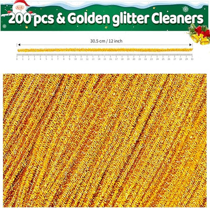 Iooleem 200pcs Golden Glitter Pipe Cleaners, Glitter Chenille Stems, Pipe Cleaners for Crafts, Pipe Cleaner Crafts, Art and Craft Supplies, Christmas Pipe Cleaners.