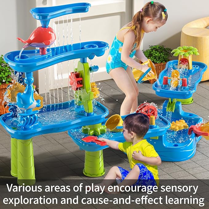 Water Table for Toddlers 1-3 3-5, 5-Tier Water Table for Kids with Sand Beach Toys, Water and Sand Sensory Table Beach Outdoor Birthday Gifts Toys for Kids Toddlers Age 3 4 5 6 7 8 Boys Girls