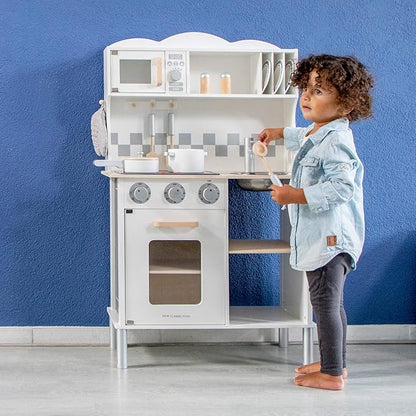 New Classic Toys Wooden Pretend Toy Kitchen for Kids with Role Play Bon Appetit Electric Cooking Included Accesoires Makes Sound, Modern White