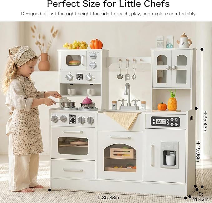 Wooden Play Kitchen for Toddlers and Kids with Lights & Sounds, Large Interactive Pretend Play Set with Ice Maker, Stove, Sink, Oven, 12 Accessories - Ages 3-8