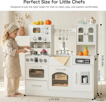 Wooden Play Kitchen for Toddlers and Kids with Lights & Sounds, Large Interactive Pretend Play Set with Ice Maker, Stove, Sink, Oven, 12 Accessories - Ages 3-8
