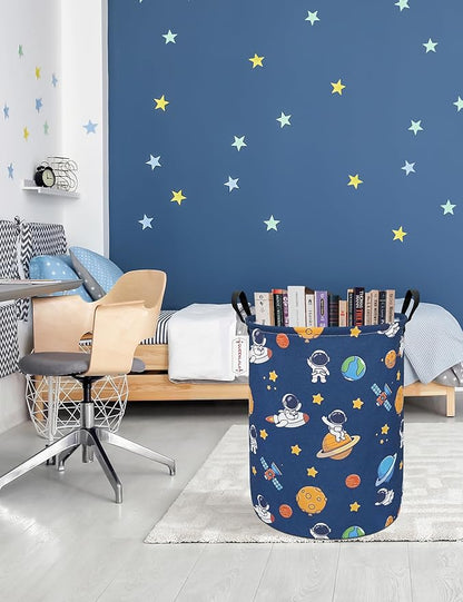 QUEENLALA Large Storage Basket,Laundry Hamper/Bathroom/Home Decor/Collapsible Round Storage Bin,Boys and Girls Hamper/Boxes/Clothing（Round-Yellow Star Astronaut）