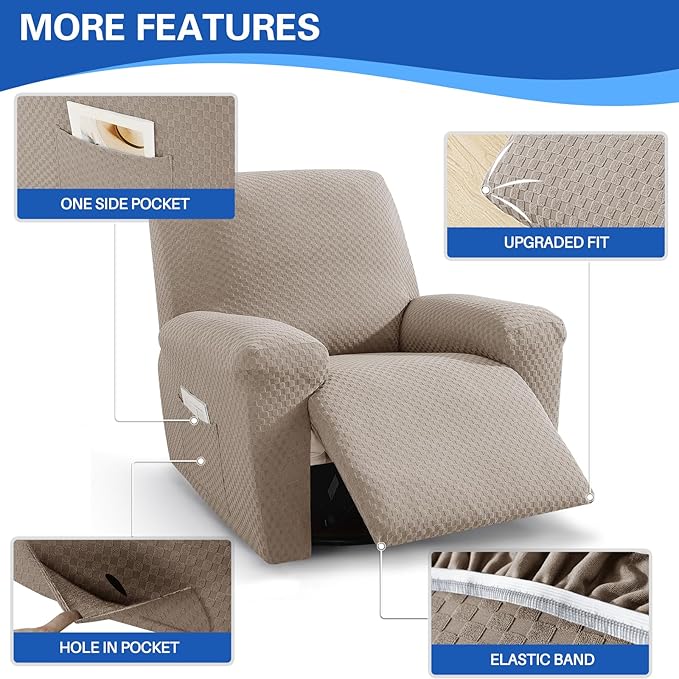 MAXIJIN Recliner Cover Slipcovers for Living Room 4 Pieces Stretch Jacquard Recliner Chair Cover Soft Fitted Recliner Protector with Elastic Bottom for Kids, Pets (Recliner, Khaki)