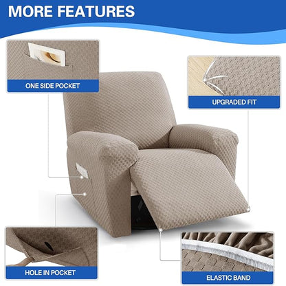 MAXIJIN Recliner Cover Slipcovers for Living Room 4 Pieces Stretch Jacquard Recliner Chair Cover Soft Fitted Recliner Protector with Elastic Bottom for Kids, Pets (Recliner, Khaki)