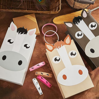 36 Pcs Horse Party Favors Including Horse Treat Favor Bags Horse Party Bag Cowboy Candy Bags Horse Rubber Bracelets for Baby Shower Horse Birthday Party(Light Brown, Rose, Pink, White)