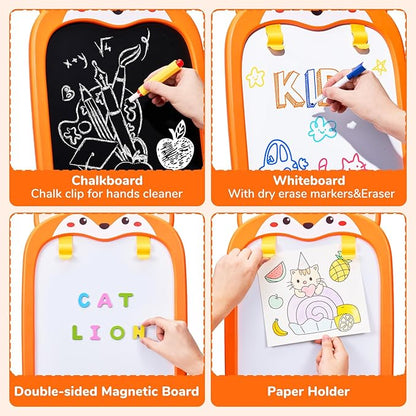 Adjustable Standing Toddler Art Easel with educatinal Accessories for Kid,4-in-1 Double-Sided Magnetic Chalkboard&Whiteboard,Dry Eraser Board,Detachable&Portable,Ideal Birthday Gift for 2-4,FOX