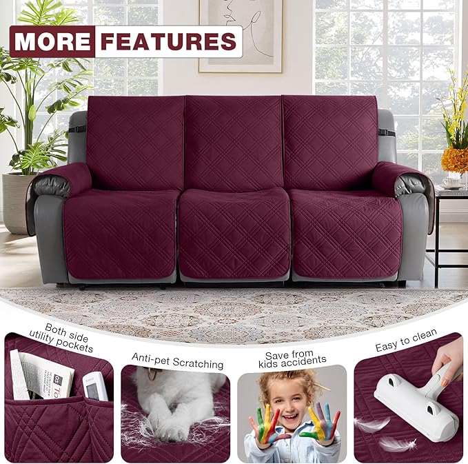 TAOCOCO 100% Waterproof Recliner Sofa Cover, Non Slip Split Couch Covers for Reclining Couches with Elastic Straps, Washable Reclining Sofa Cover Furniture Protector for Kids Pets(3 Seater, Wine)